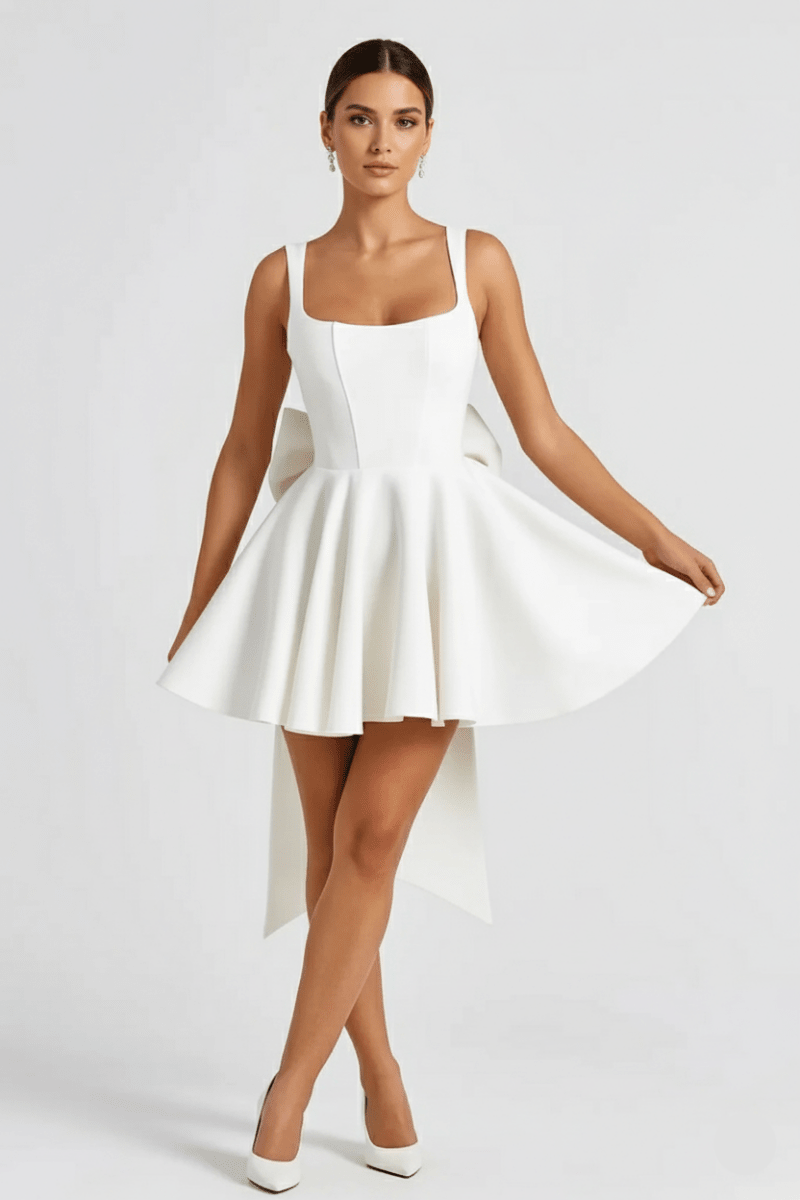Elegant Flared Mini Dress | Women's Cocktail Dress with Statement Bow Back for Chic Summer Events