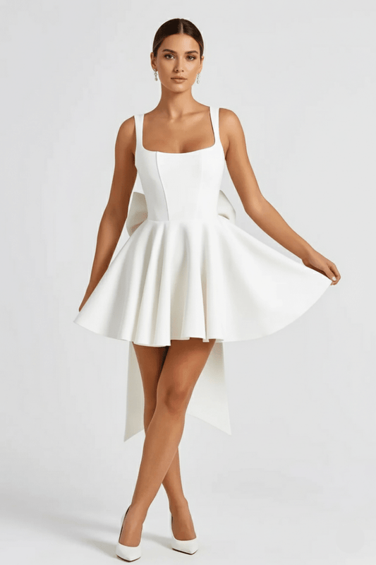 Elegant Flared Mini Dress | Women's Cocktail Dress with Statement Bow Back for Chic Summer Events