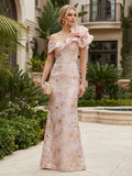 Elegant Floral Jacquard | Mother of the Bride Dress with Off Shoulder Design | Floor-Length Silhouette for Timeless Style