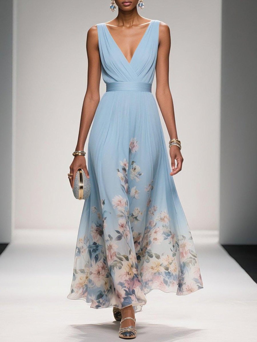Elegant Floral Maxi Dress | Women's Dress with V-Neck & Pleated Bodice | Perfect for Wedding Guests and Summer Events