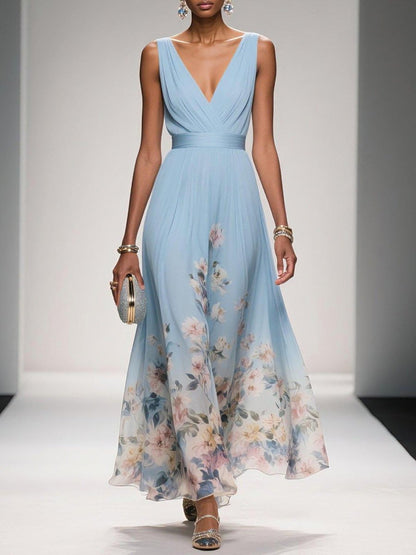 Elegant Floral Maxi Dress | Women's Dress with V-Neck & Pleated Bodice | Perfect for Wedding Guests and Summer Events