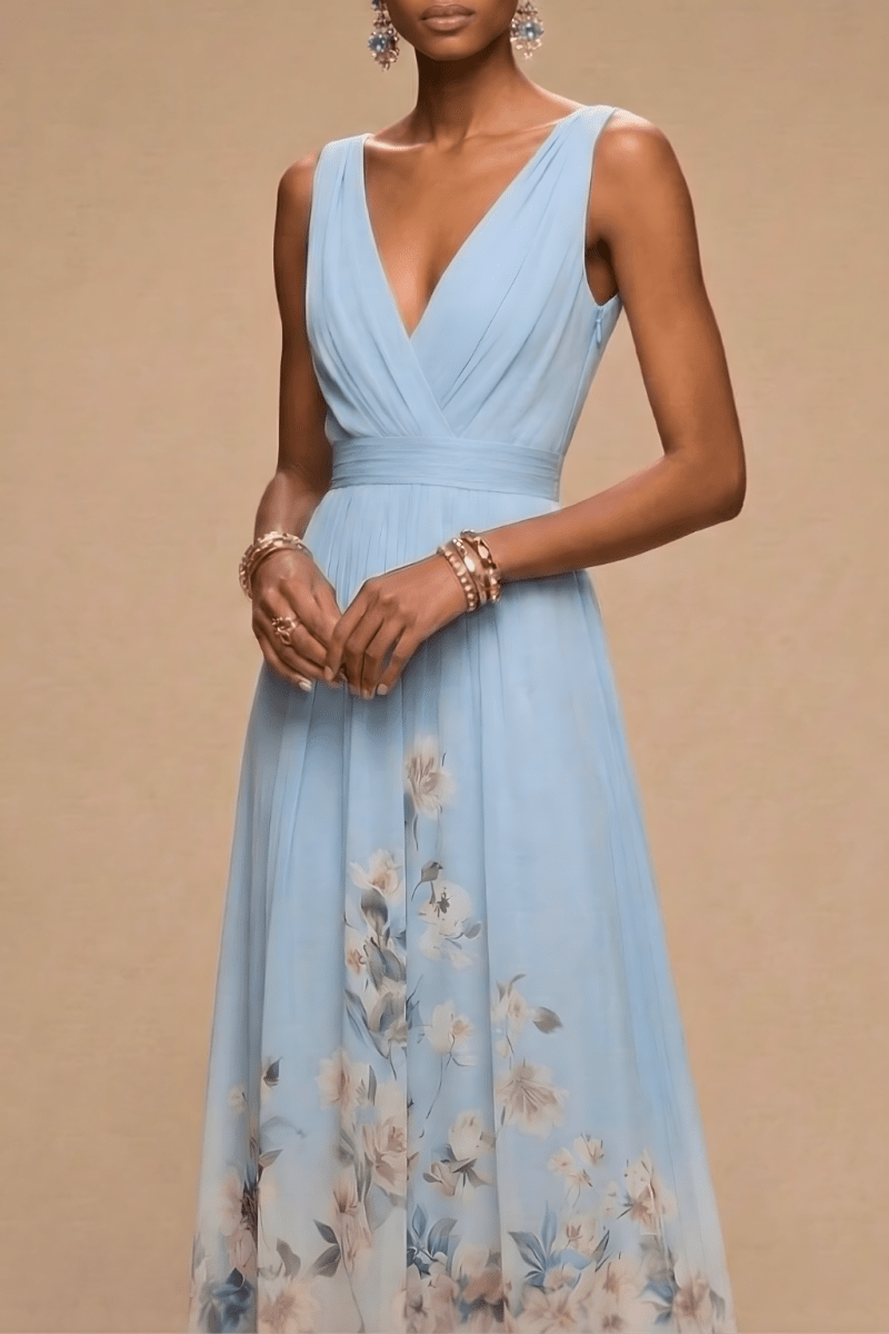 Elegant Floral Maxi Dress | Women's Dress with V-Neck & Pleated Bodice | Perfect for Wedding Guests and Summer Events
