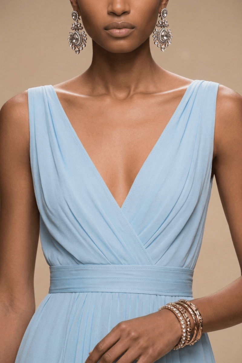 Elegant Floral Maxi Dress | Women's Dress with V-Neck & Pleated Bodice | Perfect for Wedding Guests and Summer Events