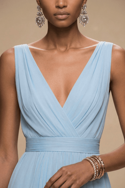 Elegant Floral Maxi Dress | Women's Dress with V-Neck & Pleated Bodice | Perfect for Wedding Guests and Summer Events