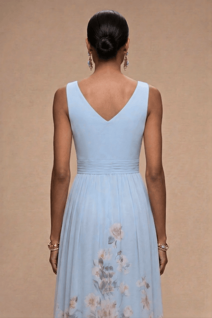 Elegant Floral Maxi Dress | Women's Dress with V-Neck & Pleated Bodice | Perfect for Wedding Guests and Summer Events