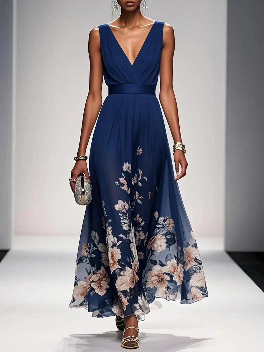 Elegant Floral Maxi Dress | Women's Dress with V-Neck & Pleated Bodice | Perfect for Wedding Guests and Summer Events