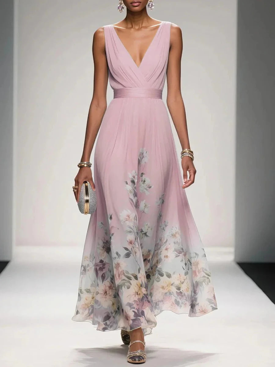 Elegant Floral Maxi Dress | Women's Dress with V-Neck & Pleated Bodice | Perfect for Wedding Guests and Summer Events