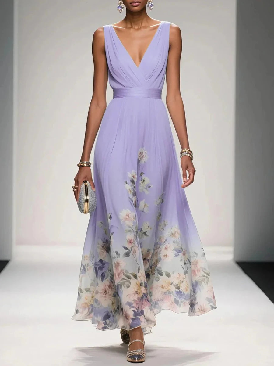 Elegant Floral Maxi Dress | Women's Dress with V-Neck & Pleated Bodice | Perfect for Wedding Guests and Summer Events