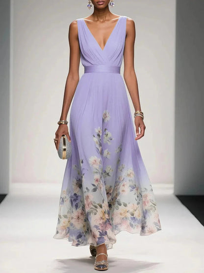 Elegant Floral Maxi Dress | Women's Dress with V-Neck & Pleated Bodice | Perfect for Wedding Guests and Summer Events