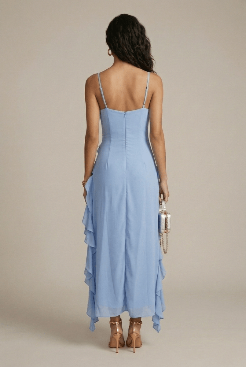 Elegant Floral Maxi Dress with Asymmetric Ruffle Design | Perfect Long Dress for Wedding Guests