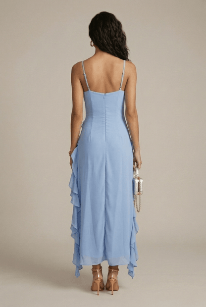 Elegant Floral Maxi Dress with Asymmetric Ruffle Design | Perfect Long Dress for Wedding Guests