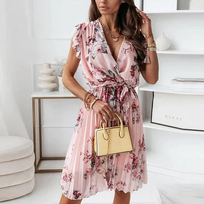 Elegant Floral Summer Dress | V-Neck Design with Pleated Skirt for Effortless Style