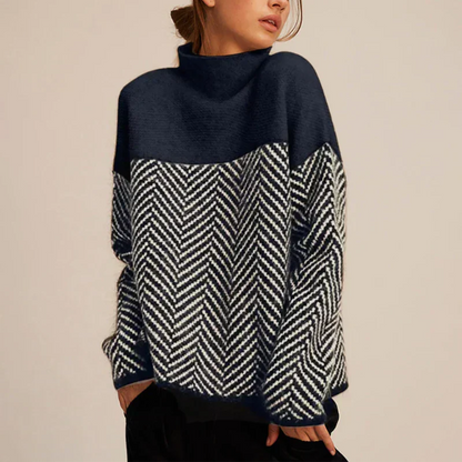 Elegant Herringbone Knit Sweater | Soft Structured Knit with Stand-Up Collar for Cozy Layering in Cool Seasons