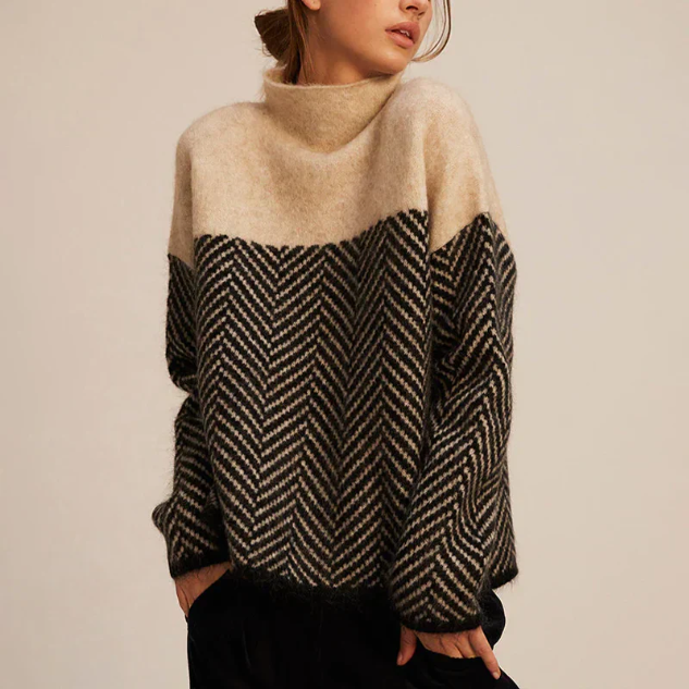 Elegant Herringbone Knit Sweater | Soft Structured Knit with Stand-Up Collar for Cozy Layering in Cool Seasons