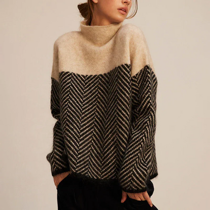 Elegant Herringbone Knit Sweater | Soft Structured Knit with Stand-Up Collar for Cozy Layering in Cool Seasons