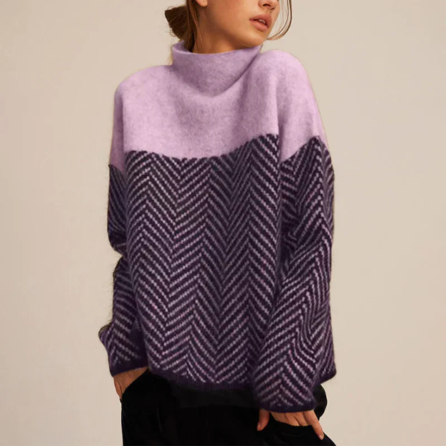 Elegant Herringbone Knit Sweater | Soft Structured Knit with Stand-Up Collar for Cozy Layering in Cool Seasons
