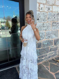 Elegant Lace Maxi Dress | High Halter Neck & Tiered Sheer Layers for Bohemian Style