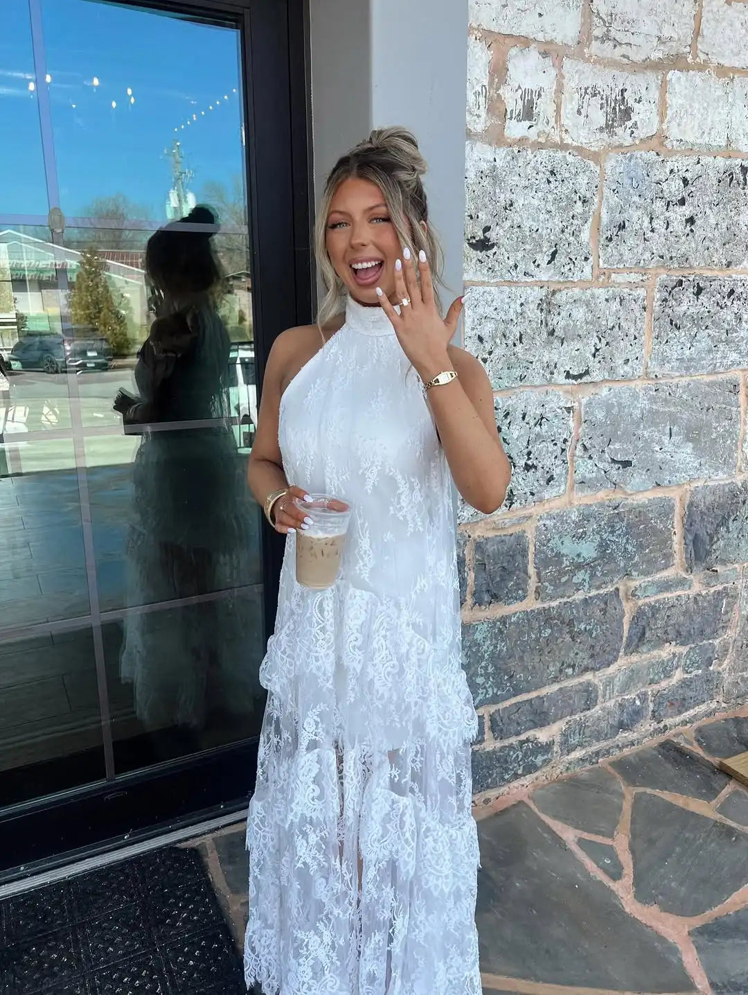 Elegant Lace Maxi Dress | High Halter Neck & Tiered Sheer Layers for Bohemian Style