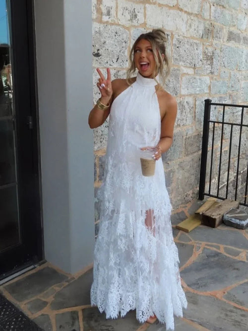 Elegant Lace Maxi Dress | High Halter Neck & Tiered Sheer Layers for Bohemian Style