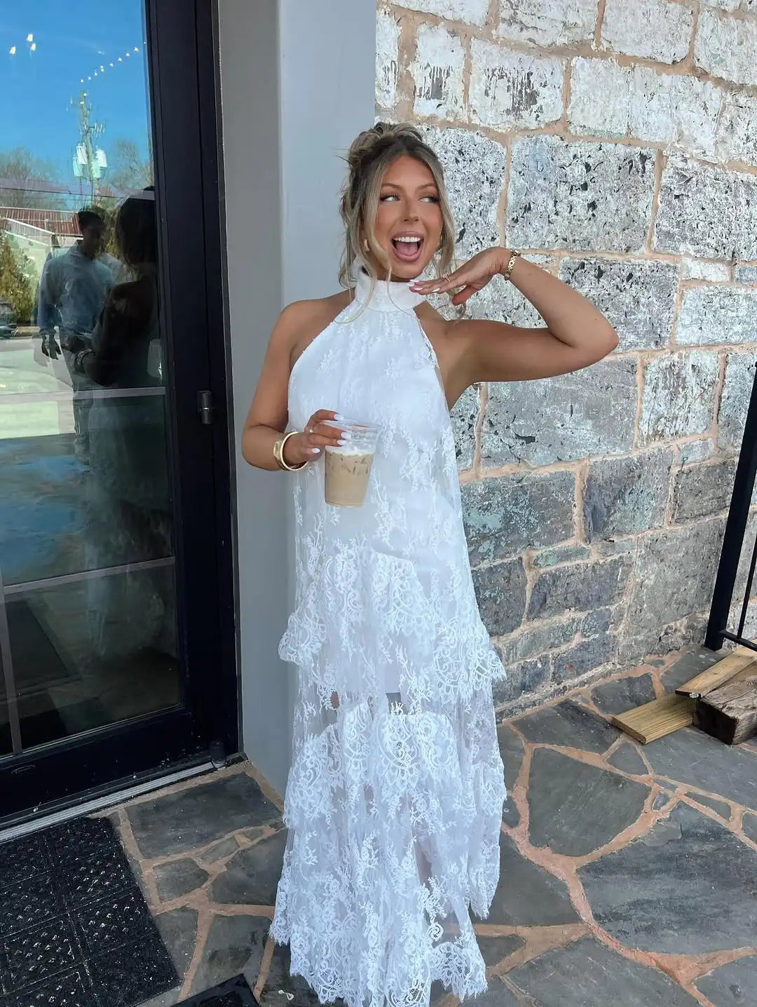 Elegant Lace Maxi Dress | High Halter Neck & Tiered Sheer Layers for Bohemian Style
