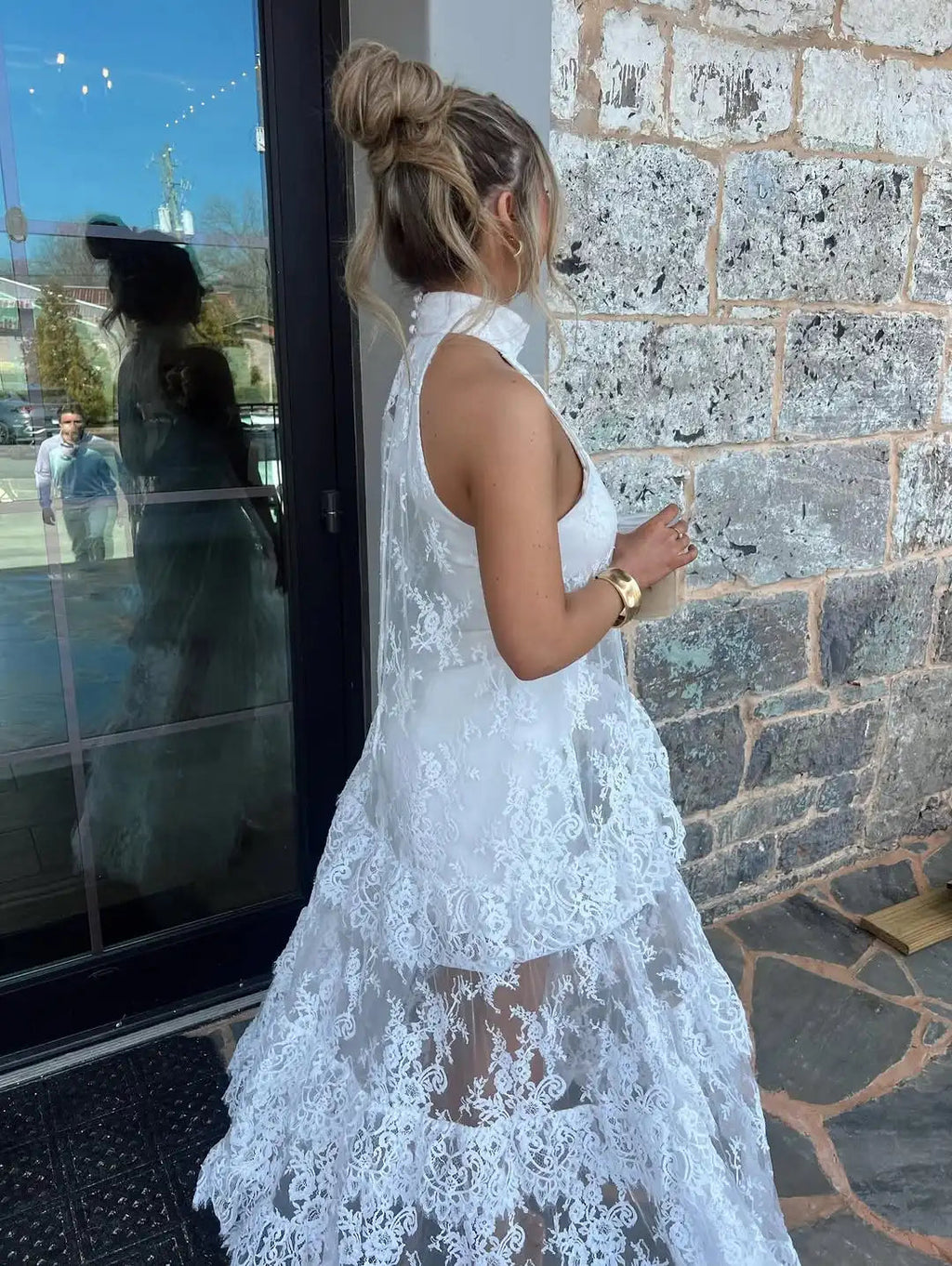 Elegant Lace Maxi Dress | High Halter Neck & Tiered Sheer Layers for Bohemian Style