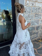 Elegant Lace Maxi Dress | High Halter Neck & Tiered Sheer Layers for Bohemian Style