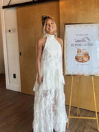 Elegant Lace Maxi Dress | High Halter Neck & Tiered Sheer Layers for Bohemian Style