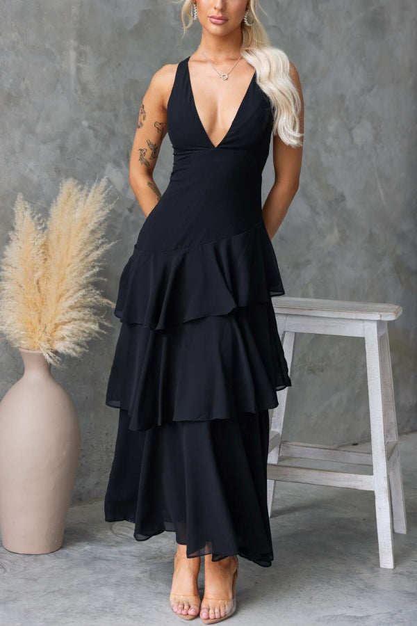 Elegant Layered Maxi Dress | Solid Color V-Neck Sleeveless Design for Effortless Style