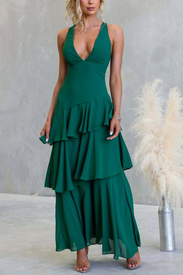 Elegant Layered Maxi Dress | Solid Color V-Neck Sleeveless Design for Effortless Style
