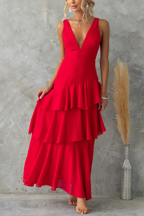 Elegant Layered Maxi Dress | Solid Color V-Neck Sleeveless Design for Effortless Style