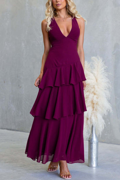 Elegant Layered Maxi Dress | Solid Color V-Neck Sleeveless Design for Effortless Style
