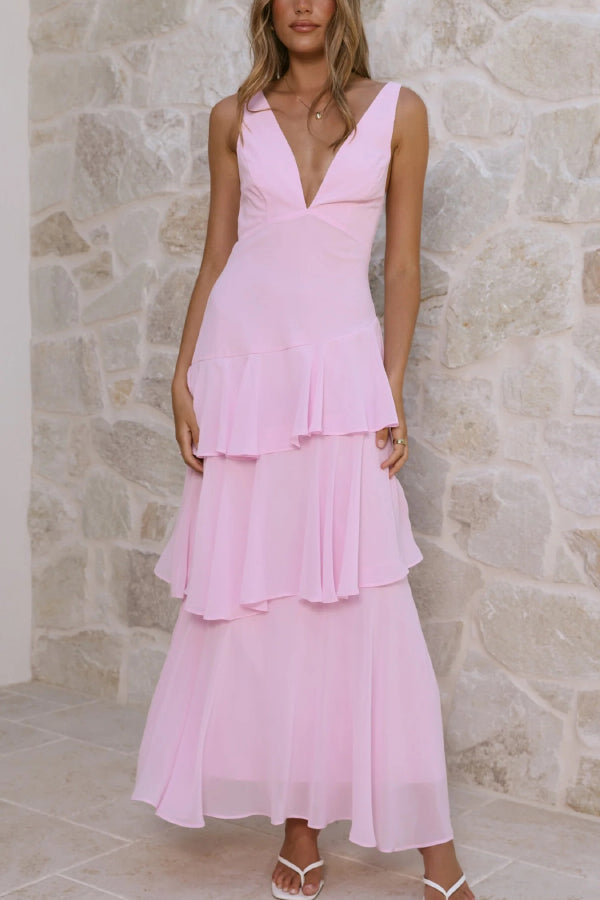 Elegant Layered Maxi Dress | Solid Color V-Neck Sleeveless Design for Effortless Style