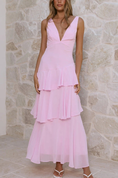 Elegant Layered Maxi Dress | Solid Color V-Neck Sleeveless Design for Effortless Style