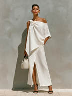 Elegant Linen Two-Piece Set with One-Shoulder Design & Front Slit | Minimalist Maxi Outfit for Resort Wear
