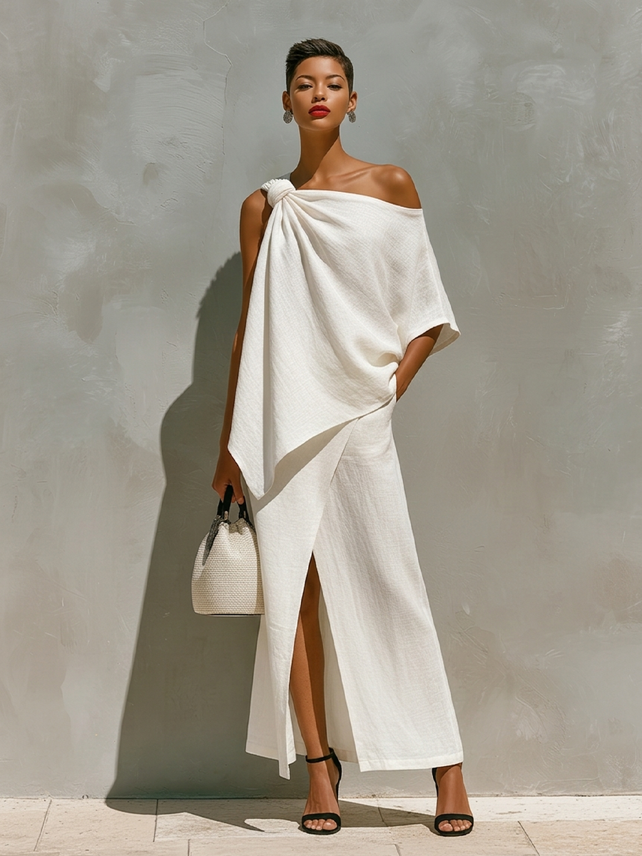 Elegant Linen Two-Piece Set with One-Shoulder Design & Front Slit | Minimalist Maxi Outfit for Resort Wear