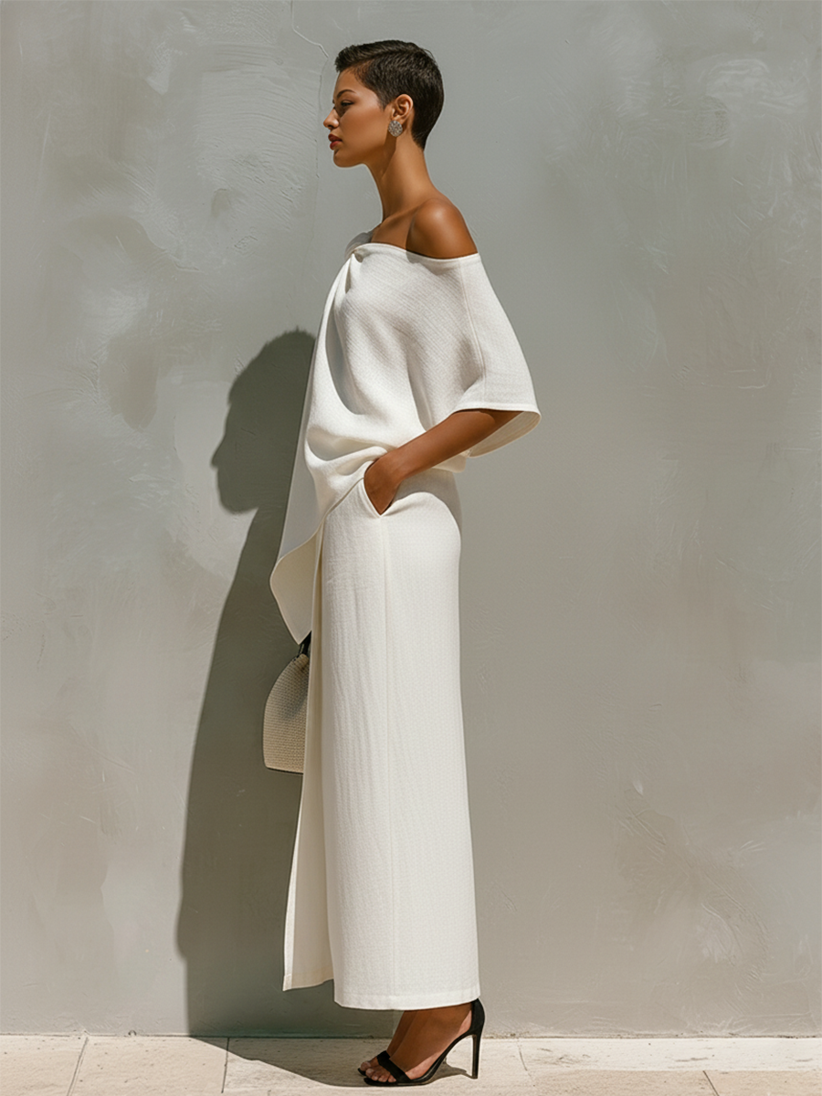 Elegant Linen Two-Piece Set with One-Shoulder Design & Front Slit | Minimalist Maxi Outfit for Resort Wear