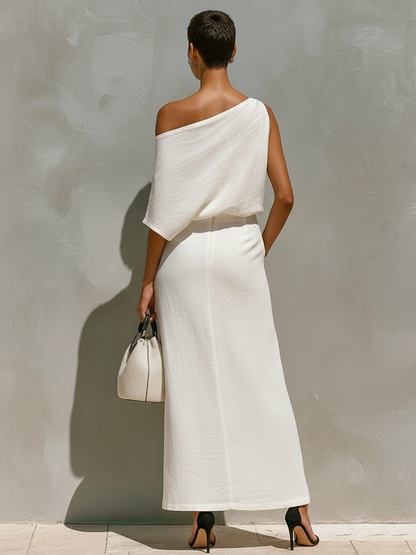 Elegant Linen Two-Piece Set with One-Shoulder Design & Front Slit | Minimalist Maxi Outfit for Resort Wear