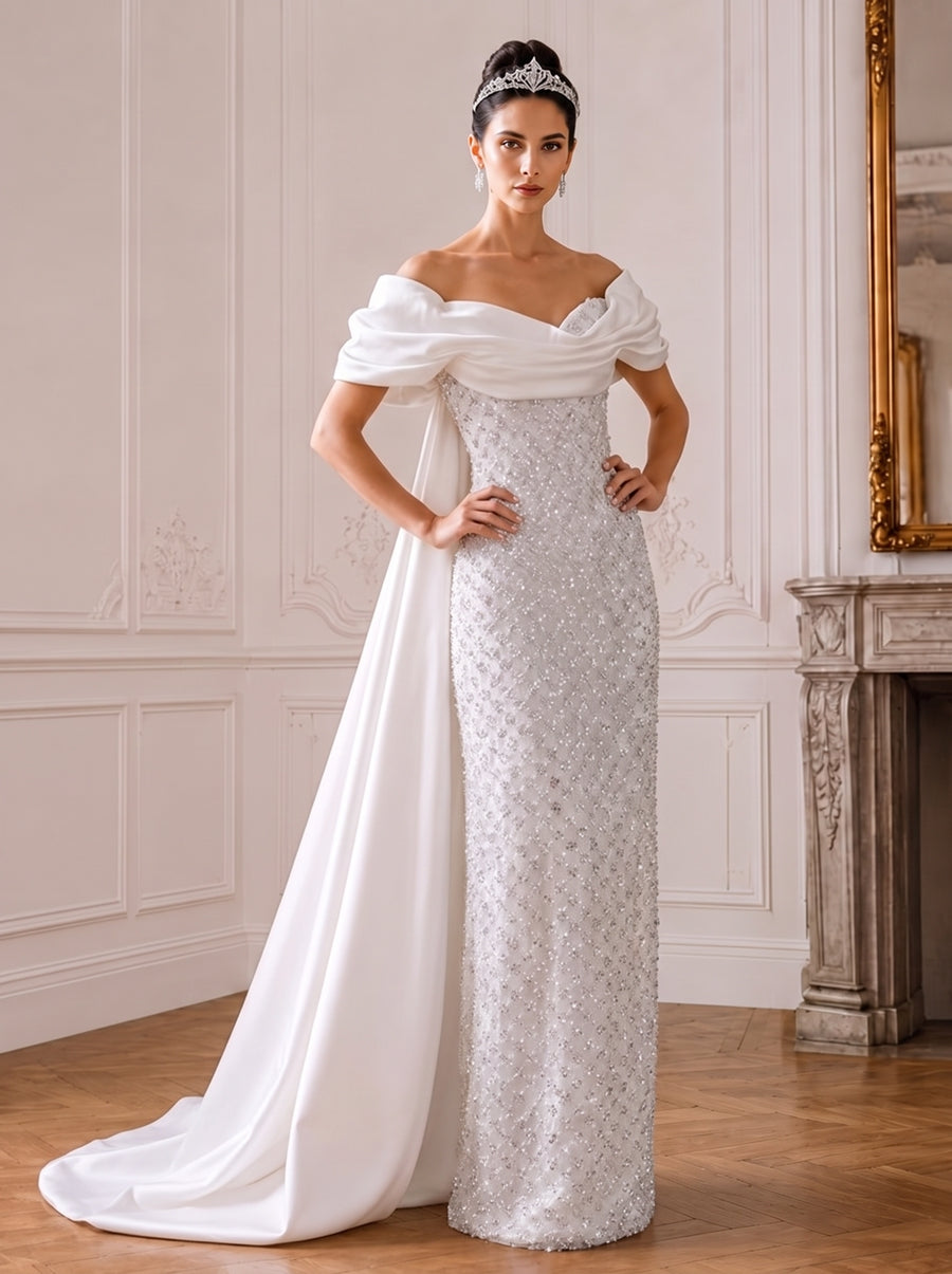 Elegant Mermaid Evening Dress with Asymmetrical Sequin Sleeves | Formal Gown for Stunning Style