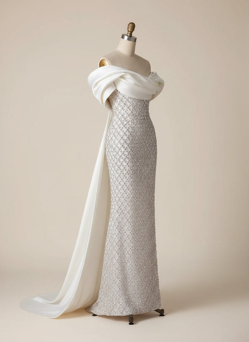 Elegant Mermaid Evening Dress with Asymmetrical Sequin Sleeves | Formal Gown for Stunning Style