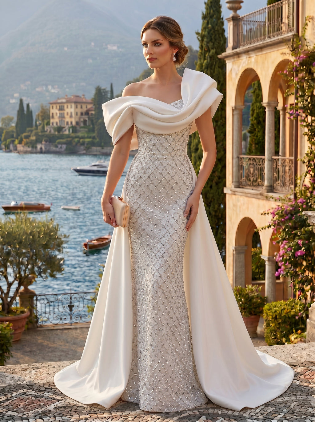 Elegant Mermaid Evening Dress with Asymmetrical Sequin Sleeves | Formal Gown for Stunning Style