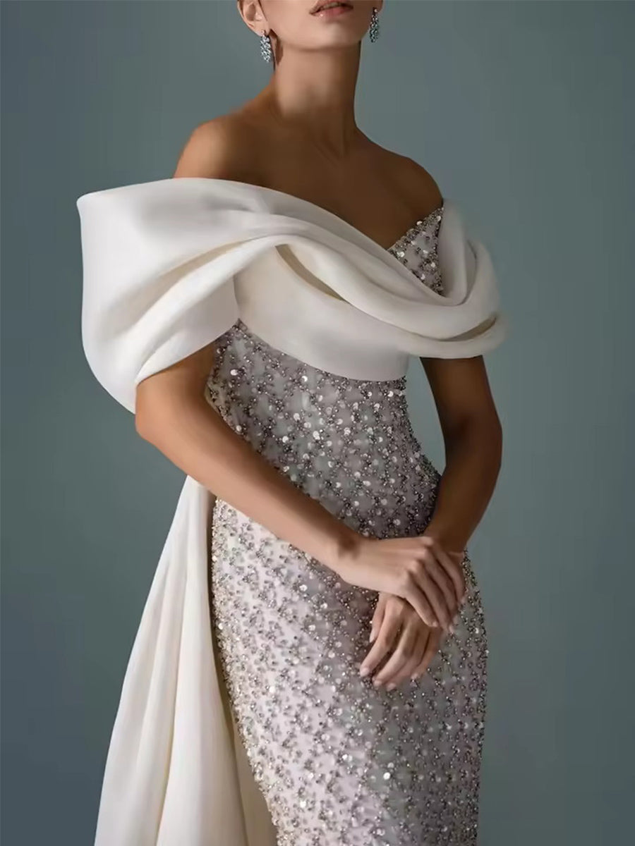 Elegant Mermaid Evening Dress with Asymmetrical Sequin Sleeves | Formal Gown for Stunning Style