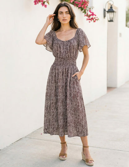Elegant Midi Dress | Limited Edition Woven Dress with Flutter Sleeves | Comfortable Fit for Everyday Style