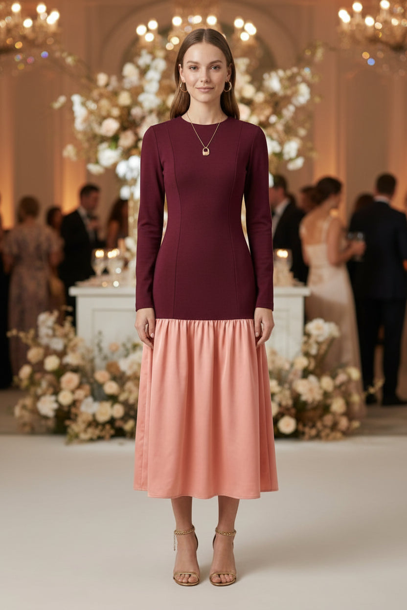 Elegant Midi Dress | Women's Formal Dress with Long Sleeve & Flared Skirt | Stylish Look for Any Occasion
