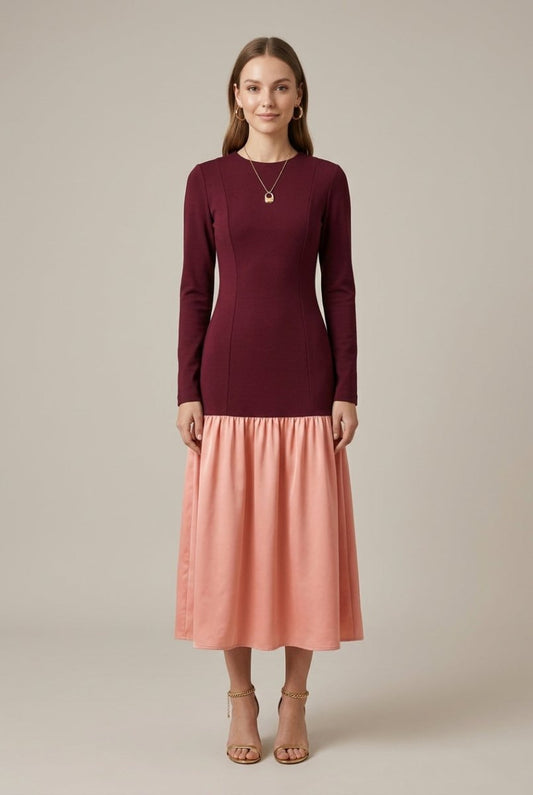 Elegant Midi Dress | Women's Formal Dress with Long Sleeve & Flared Skirt | Stylish Look for Any Occasion