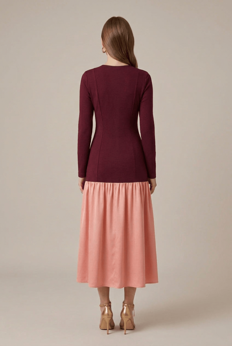 Elegant Midi Dress | Women's Formal Dress with Long Sleeve & Flared Skirt | Stylish Look for Any Occasion