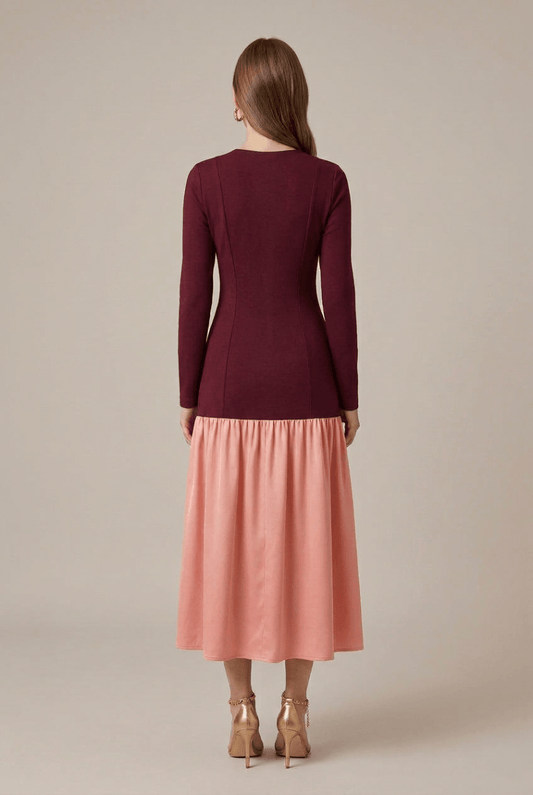 Elegant Midi Dress | Women's Formal Dress with Long Sleeve & Flared Skirt | Stylish Look for Any Occasion