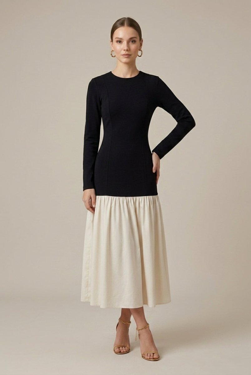 Elegant Midi Dress | Women's Formal Dress with Long Sleeve & Flared Skirt | Stylish Look for Any Occasion