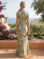 Elegant Mother of the Bride Dress | Jacquard Floor-Length V-Neck with Ruched Waist for Timeless Style