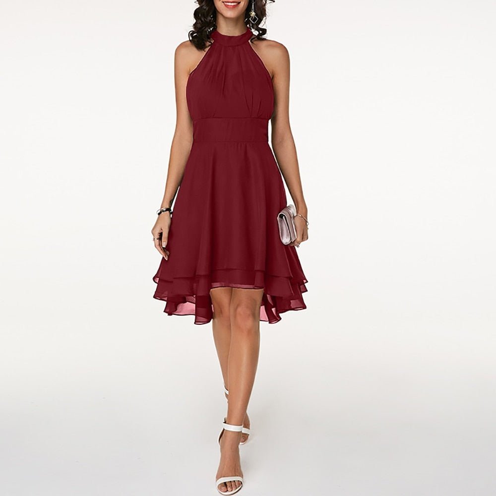 Elegant Ruffle Midi Dress | Women's Summer Dress with Halterneck Design | Flowing Layers for Effortless Style
