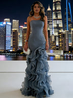 Elegant Satin Evening Gown with Tiered Ruffles | Floor-Length Design for Stunning Elegance